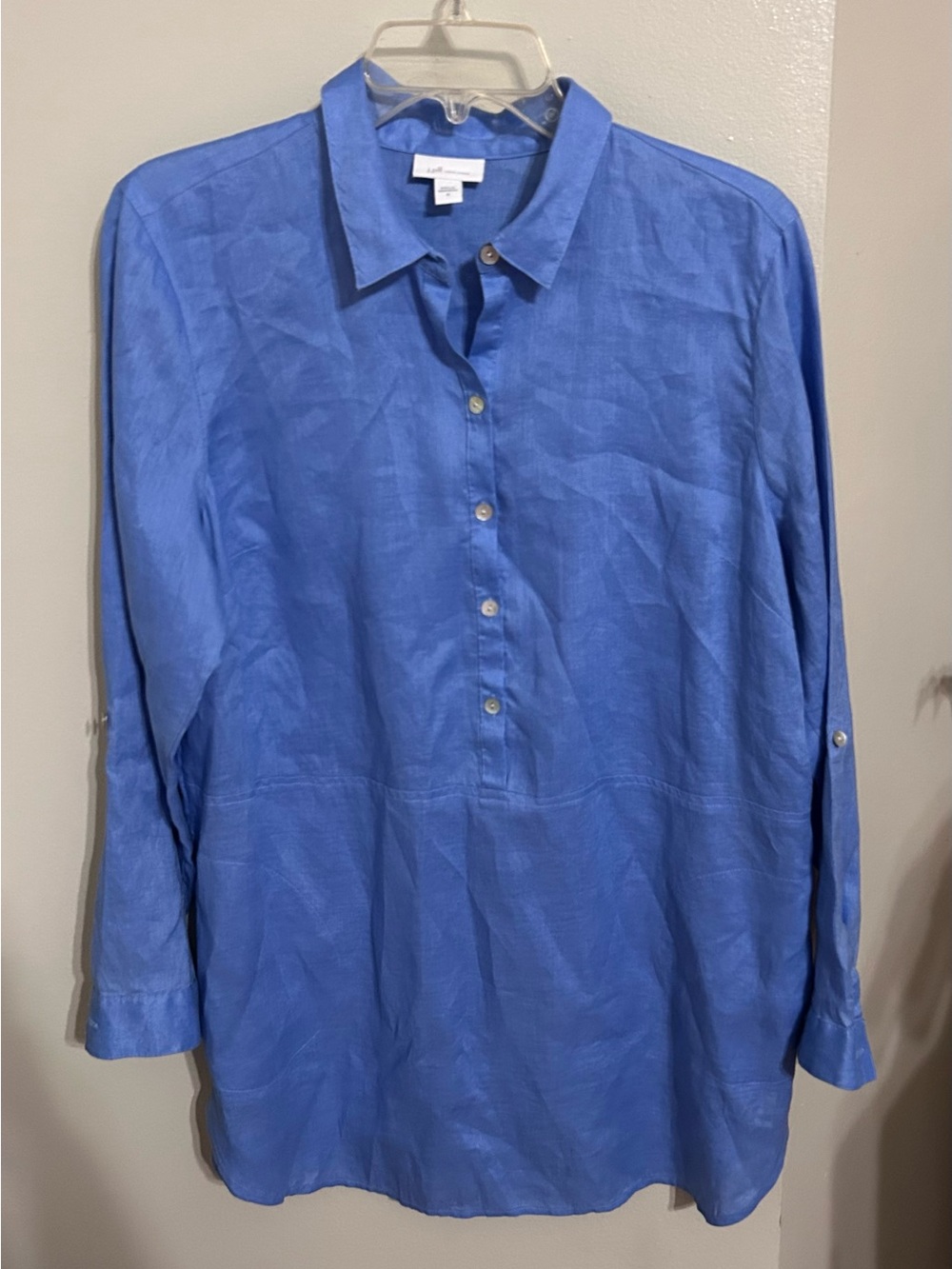 J Jill Love Linen Popover Tunic Shirt Size Medium Blue Long Roll Tab Sleeves